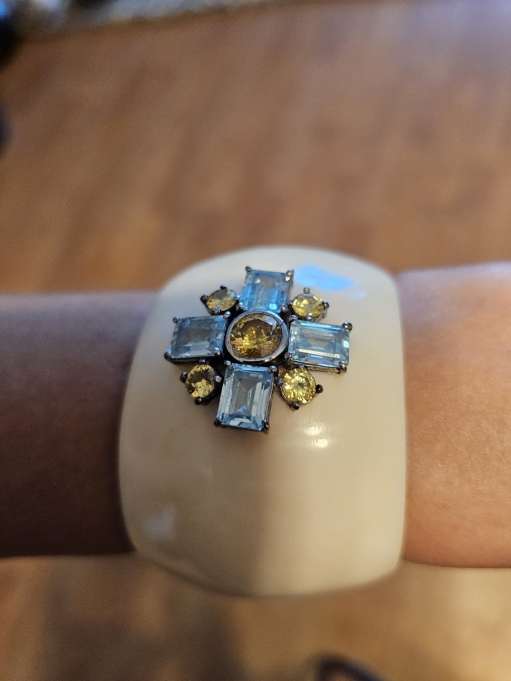 Vintage Statement White Cuff Bracelet with Blue & Yellow Gem Cross